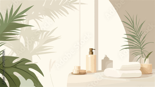 A digital illustration depicts a minimalist spa-like setting. The scene features a white surface with a stack of white towels, a beige cosmetic pump bottle, and a small round dish with what appears