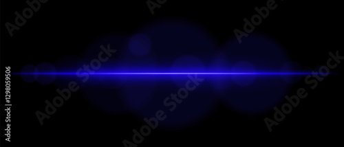 Abstract glowing blue light streak on a dark background. A horizontal neon beam with radiant flare and bokeh effects creates a futuristic and dynamic energy glow