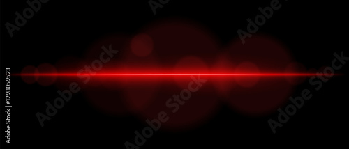Abstract glowing red light streak on a dark background. A horizontal neon beam with radiant flare and bokeh effects creates a futuristic and dynamic energy glow