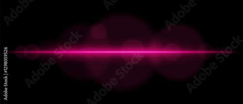 Abstract glowing pink light streak on a dark background. A horizontal neon beam with radiant flare and bokeh effects creates a futuristic and dynamic energy glow