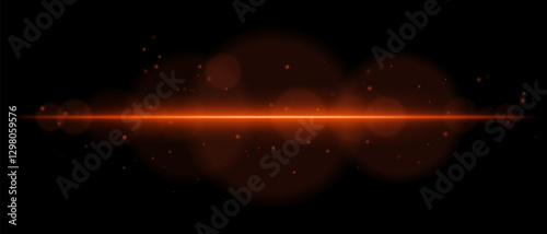Abstract glowing orange light streak on a dark background. A horizontal neon beam with radiant flare, bokeh effects, and floating particles creates a futuristic and dynamic energy glow