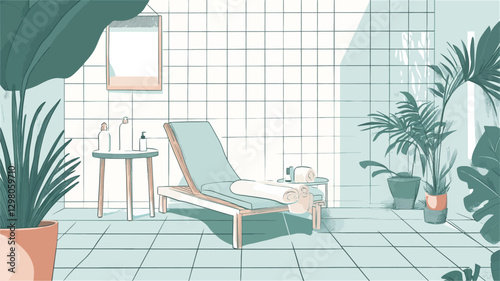 Illustration depicting a minimalist indoor scene featuring a teal chaise lounge positioned on a light teal tiled floor.  Surrounding the lounge chair are various potted tropical plants in