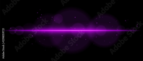 Abstract glowing purple light streak on a dark background. A horizontal neon beam with radiant flare, bokeh effects, and floating particles creates a futuristic and dynamic energy glow