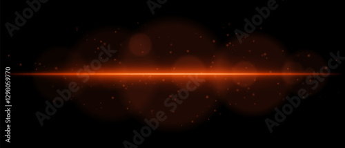 Abstract glowing orange light streak on a dark background. A horizontal neon beam with radiant flare, bokeh effects, and floating particles creates a futuristic and dynamic energy glow