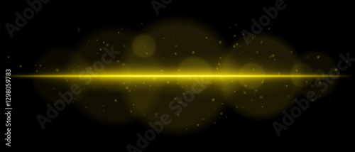 Abstract glowing yellow light streak on a dark background. A horizontal neon beam with radiant flare, bokeh effects, and floating particles creates a futuristic and dynamic energy glow