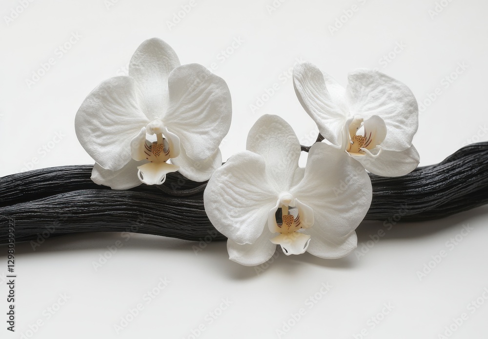 Fototapeta premium Elegant White Orchid Flowers on Dark Wooden Branch Arrangement for Home Decor, Wellness, and Nature Inspired Designs Beautiful View