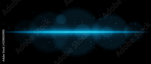 Abstract glowing blue light streak on a dark background. A horizontal neon beam with radiant flare, bokeh effects, and floating particles creates a futuristic and dynamic energy glow