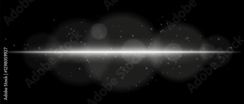 Abstract glowing white light streak on a dark background. A horizontal neon beam with radiant flare, bokeh effects, and floating particles creates a futuristic and dynamic energy glow