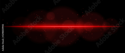 Abstract glowing red light streak on a dark background. A horizontal neon beam with radiant flare, bokeh effects, and floating particles creates a futuristic and dynamic energy glow