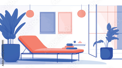 The image depicts a digitally rendered illustration of a minimalist interior design. The scene features an orange chaise lounge positioned centrally, flanked by two large potted plants in dark blue