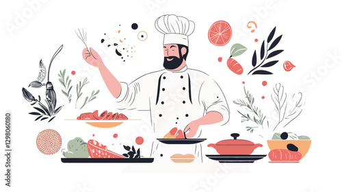 A stylized vector illustration depicting a bearded male chef in a white chef's uniform and hat. He is actively engaged in cooking, shown adding seasoning to a pan.  Surrounding the chef are various