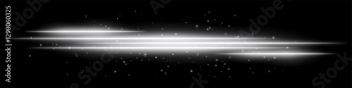 Abstract glowing white light streaks on a dark background. Multiple parallel neon beams with radiant flare, motion blur, and scattered particles create a futuristic and dynamic energy effect