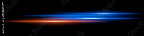 Abstract glowing blue and orange light streaks dark background. Parallel neon beams with radiant flare and motion blur create a futuristic speed energy effect. Smooth illumination sci-fi aesthetic