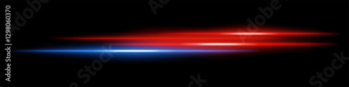 Abstract glowing blue and orange light streaks dark background. Parallel neon beams with radiant flare and motion blur create a futuristic speed energy effect. Smooth illumination sci-fi aesthetic
