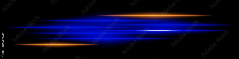 Obraz premium Abstract glowing blue and orange light streaks on a dark background. Multiple parallel neon beams with radiant flare and motion blur create a futuristic speed and energy effect