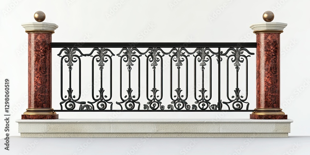Fototapeta premium Elegant palace-style iron railing with red granite pillars and glossy black details