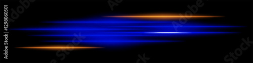 Abstract glowing blue and orange light streaks on a dark background. Multiple parallel neon beams with radiant flare and motion blur create a futuristic speed and energy effect