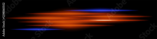 Abstract glowing blue and orange light streaks on a dark background. Multiple parallel neon beams with motion blur and radiant flare create a futuristic speed and energy effect