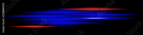 Abstract glowing blue and red light streaks on a dark background. Multiple parallel neon beams with motion blur and radiant flare create a futuristic speed and energy effect