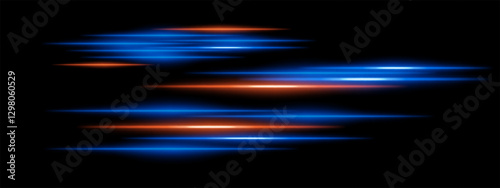 Abstract glowing blue and orange light streaks on a dark background. Multiple parallel neon beams with motion blur and radiant flare create a futuristic speed and energy effect