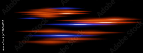 Abstract glowing blue and orange light streaks on a dark background. Multiple parallel neon beams with motion blur and radiant flare create a futuristic speed and energy effect