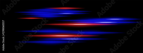 Abstract glowing blue and red light streaks on a dark background. Multiple parallel neon beams with motion blur and radiant flare create a futuristic speed and energy effect