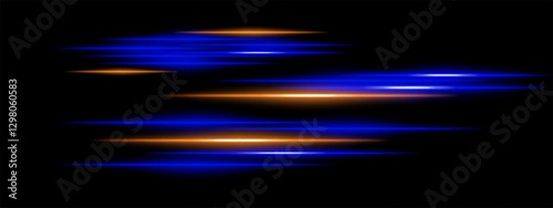 Abstract glowing blue and orange light streaks on a dark background. Multiple parallel neon beams with motion blur and radiant flare create a futuristic speed and energy effect
