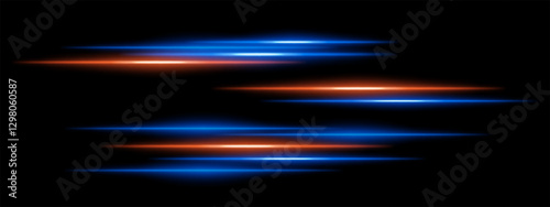 Abstract glowing blue and orange light streaks on a dark background. Multiple parallel neon beams with motion blur and radiant flare create a futuristic speed and energy effect