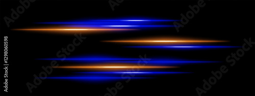 Abstract glowing blue and orange light streaks on a dark background. Multiple parallel neon beams with motion blur and radiant flare create a futuristic speed and energy effect