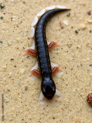 Larva of a two-lined salamander (Eurycea bislineata) in a sandy stream.