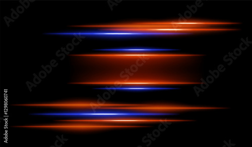 Abstract glowing orange and blue light streaks on a dark background. Multiple parallel neon beams with motion blur and radiant flare create a futuristic speed and energy effect