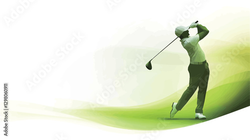 The image is a stylized illustration of a golfer in the midst of a powerful golf swing.  The golfer is depicted from the side, facing right. The figure is rendered in shades of green and white,
