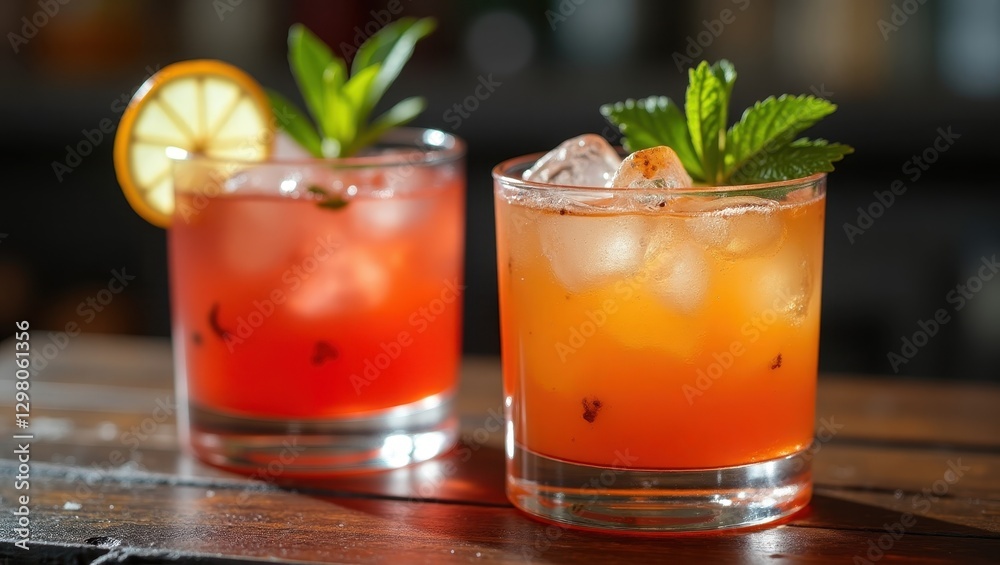 Mocktails. Two glasses are filled with drinks and garnished with mint Mocktails. Two glasses are filled with drinks and garnished with mint