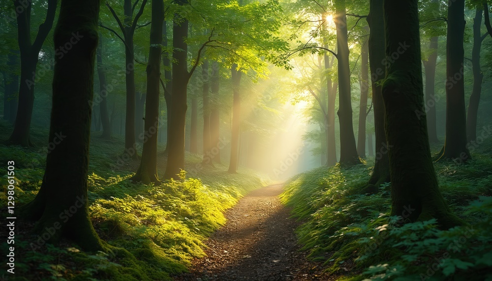 Obraz premium Sunlight filters through dense trees illuminating forest path. Scenic nature, green moss, fallen leaves cover timberland. Serene tranquil sunbeams create sun rays, shadows. Wilderness foliage, flora,