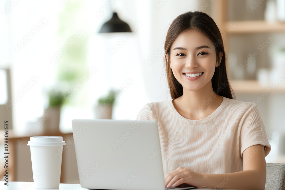 Young woman smiling while using laptop in bright kitchen, creating warm and inviting atmosphere Young woman smiling while using laptop in bright kitchen, creating warm and inviting atmosphere