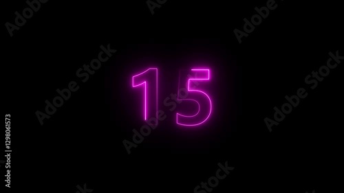 Neon text 15 number icon background. neon glowing countdown number 15 , Number 15 Animation. 15 percentage discount animated. neon countdown 15