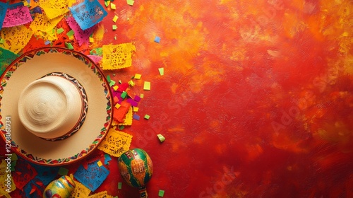 Cinco de Mayo Celebration – Vibrant background featuring colorful papel picado banners and confetti Colorful fiesta decorations on blue backdrop