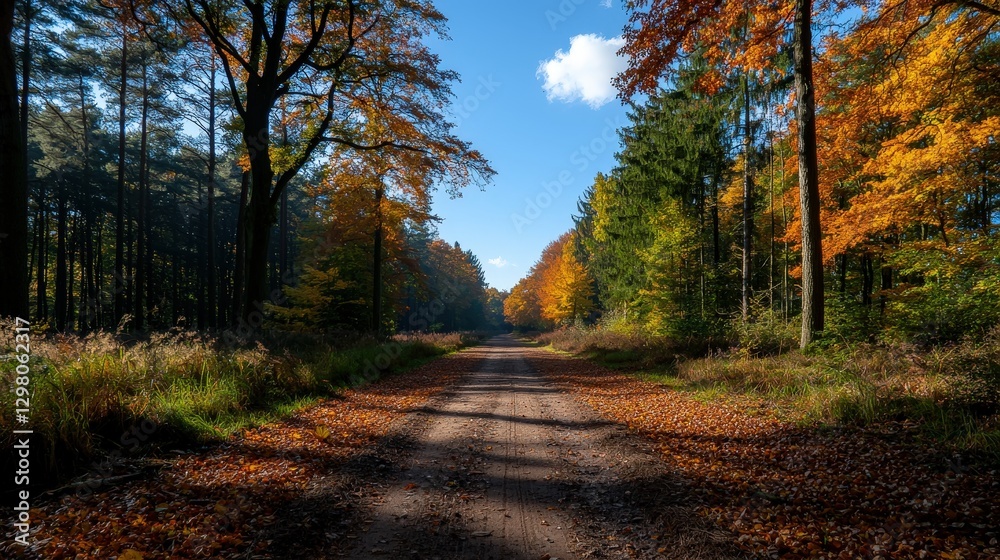 Path through autumn forest with falling leaves under sunny blue sky, peaceful Path through autumn forest with falling leaves under sunny blue sky, peaceful