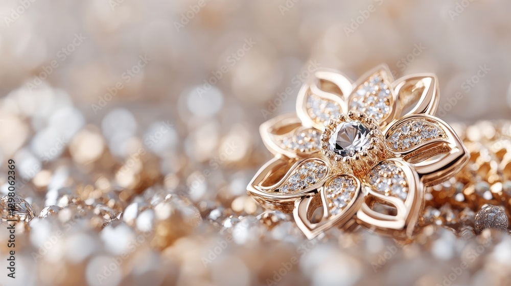 Fototapeta premium Golden flower diamond pendant, shiny background, luxury jewelry
