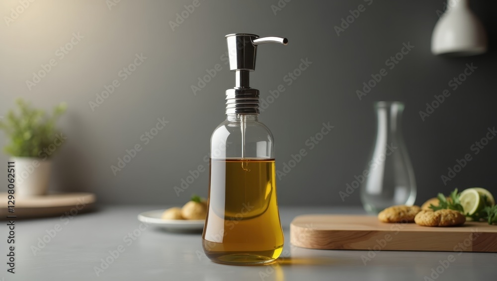 Oil Dispenser. Bottle of liquid is sitting on counter next to cutting board Oil Dispenser. Bottle of liquid is sitting on counter next to cutting board