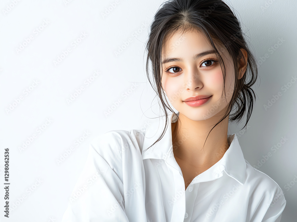 young woman with long hair, wearing white shirt, smiles softly against light background, exuding calm and friendly demeanor young woman with long hair, wearing white shirt, smiles softly against light background, exuding calm and friendly demeanor
