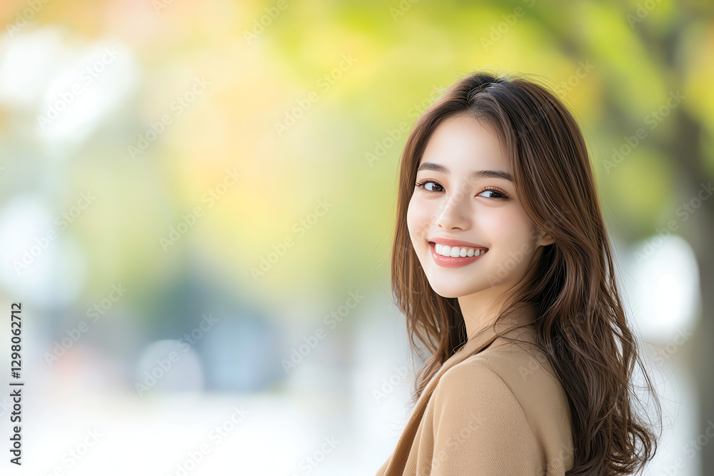 happy young woman smiles outdoors, surrounded by soft greenery and warm sunlight. Her long hair flows gently, creating serene and joyful atmosphere happy young woman smiles outdoors, surrounded by soft greenery and warm sunlight. Her long hair flows gently, creating serene and joyful atmosphere