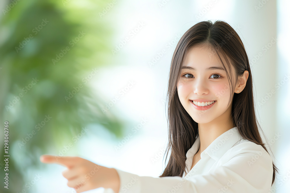 smiling woman with long hair points to side, showcasing friendly demeanor in bright, airy environment. Her expression conveys warmth and approachability smiling woman with long hair points to side, showcasing friendly demeanor in bright, airy environment. Her expression conveys warmth and approachability