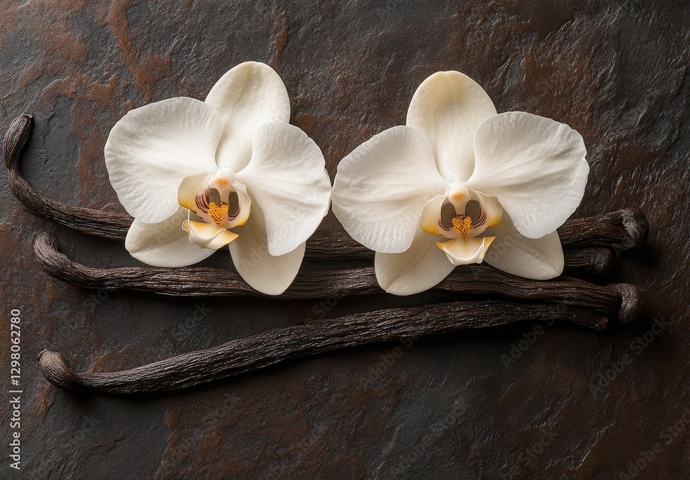 Elegant White Orchids with Vanilla Pods on Rustic Slate Surface, Ideal for Natural Beauty, Aromatherapy, and Culinary Themes Elegant White Orchids with Vanilla Pods on Rustic Slate Surface, Ideal for Natural Beauty, Aromatherapy, and Culinary Themes