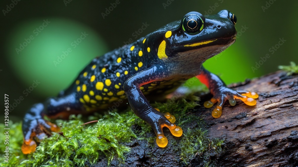 Colorful Spotted Salamander crawling over a mossy log its sleek black skin dotted with bright yellow spots tiny toes gripping the damp bark Colorful Spotted Salamander crawling over a mossy log its sleek black skin dotted with bright yellow spots tiny toes gripping the damp bark