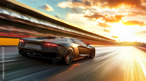 Red sports car racing at high speed on a drag strip, showcasing the thrill of competition and the pursuit of performance excellence.