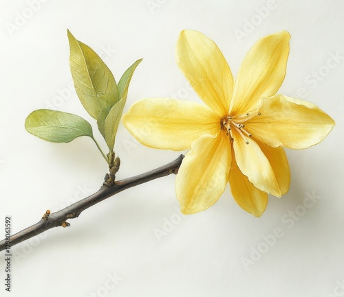 Elegant Yellow Flower with Green Leaf on Branch Against a Soft Background Showcasing Nature’s Beauty and Delicate Petals for Floral Designs