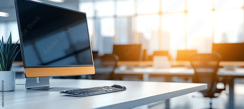Modern office with computer and keyboard on desk, featuring plant. bright sunlight streams through large windows, creating warm atmosphere Modern office with computer and keyboard on desk, featuring plant. bright sunlight streams through large windows, creating warm atmosphere