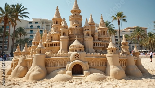 Sand art castle on beach with elaborate turrets, towers. Summer vacation sandcastle building competition. Creative sculptures show teamwork, creativity, fun event on coast. Leisure, recreation during photo