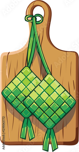 green ketupat, trditional rice cakes from Indonesia for Eid Mubarak, tied with green leaves, resting on a wooden board, showcasing traditional Indonesian cuisine.